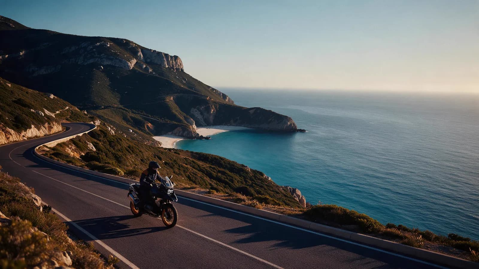 Piloto na estrada da Serra da Arrábida, acima do mar azul e da praia do Portinho