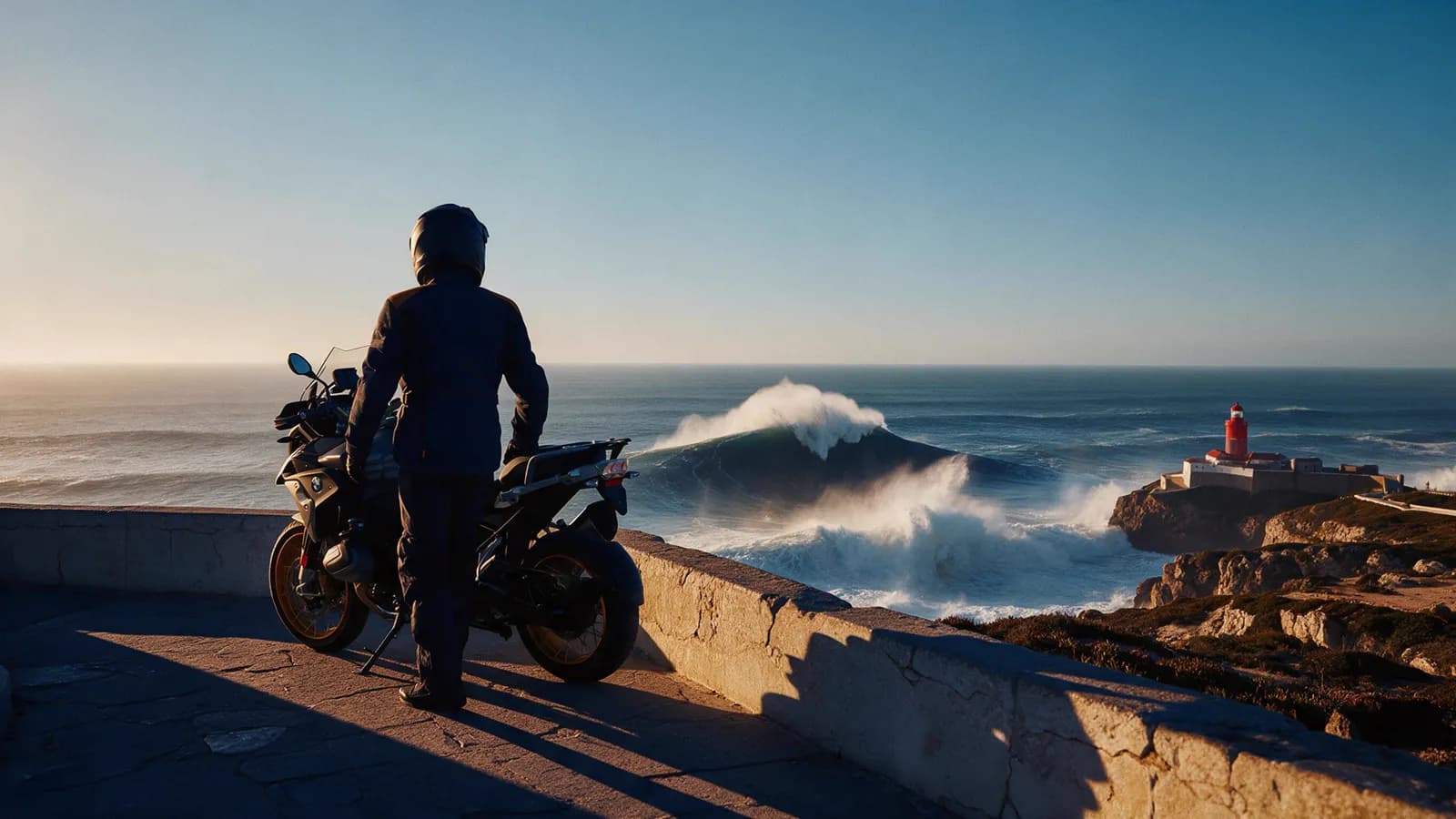 Piloto ao lado da moto no mirante do forte de Nazaré, com uma onda gigante ao fundo