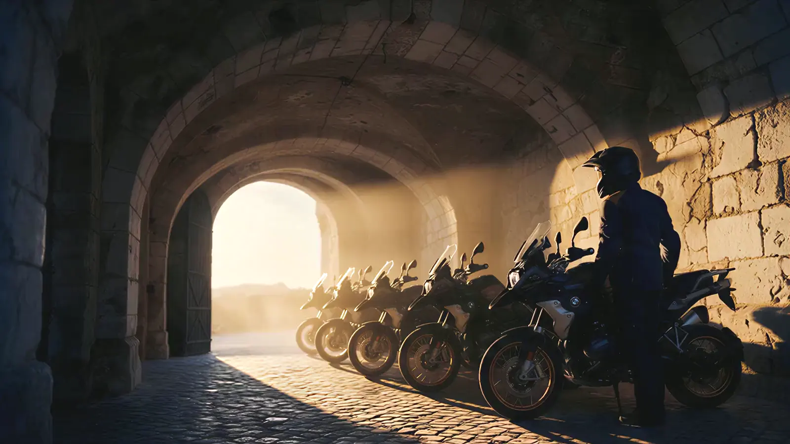 Motos BMW GS enfileiradas numa garagem de pedra em Lisboa ao amanhecer, com o piloto de capacete ao lado
